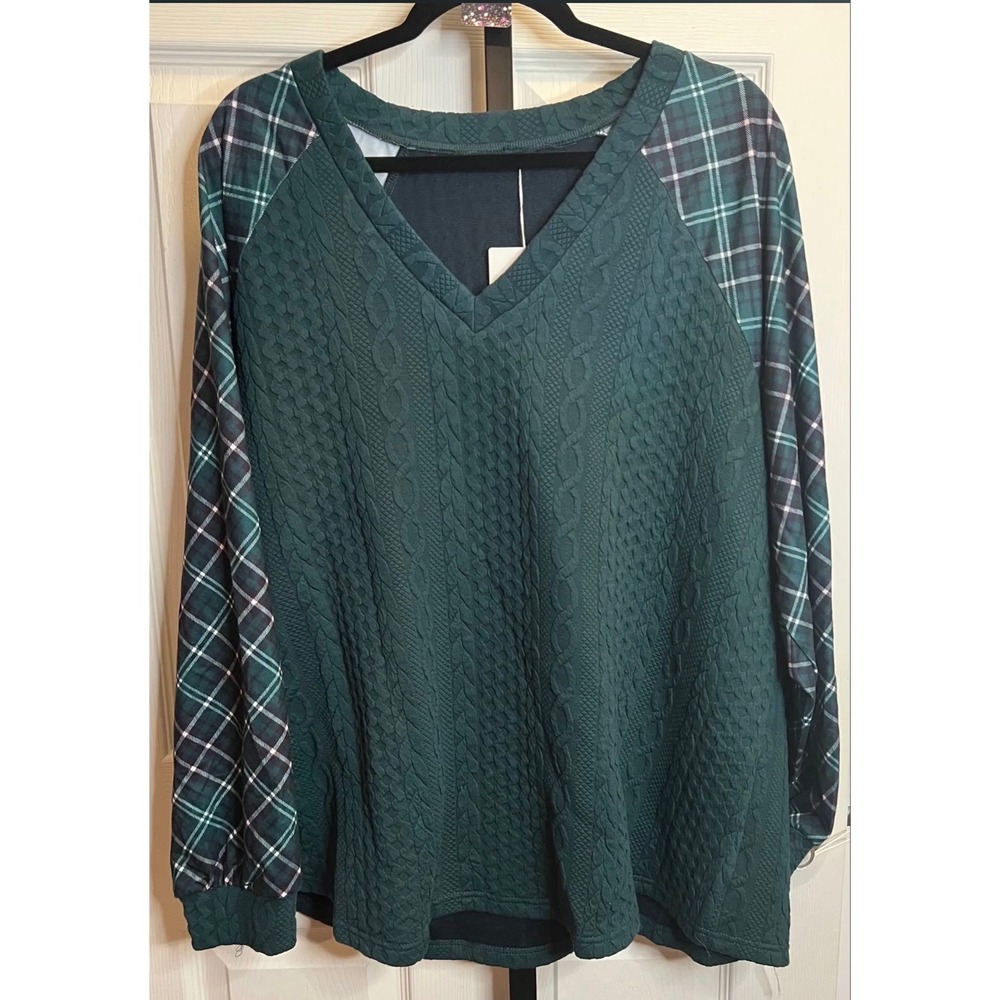 Bloomchic Women Green Cable Knit Plaid Raglan Sleeve V-Neck Top Plus Size 18-20